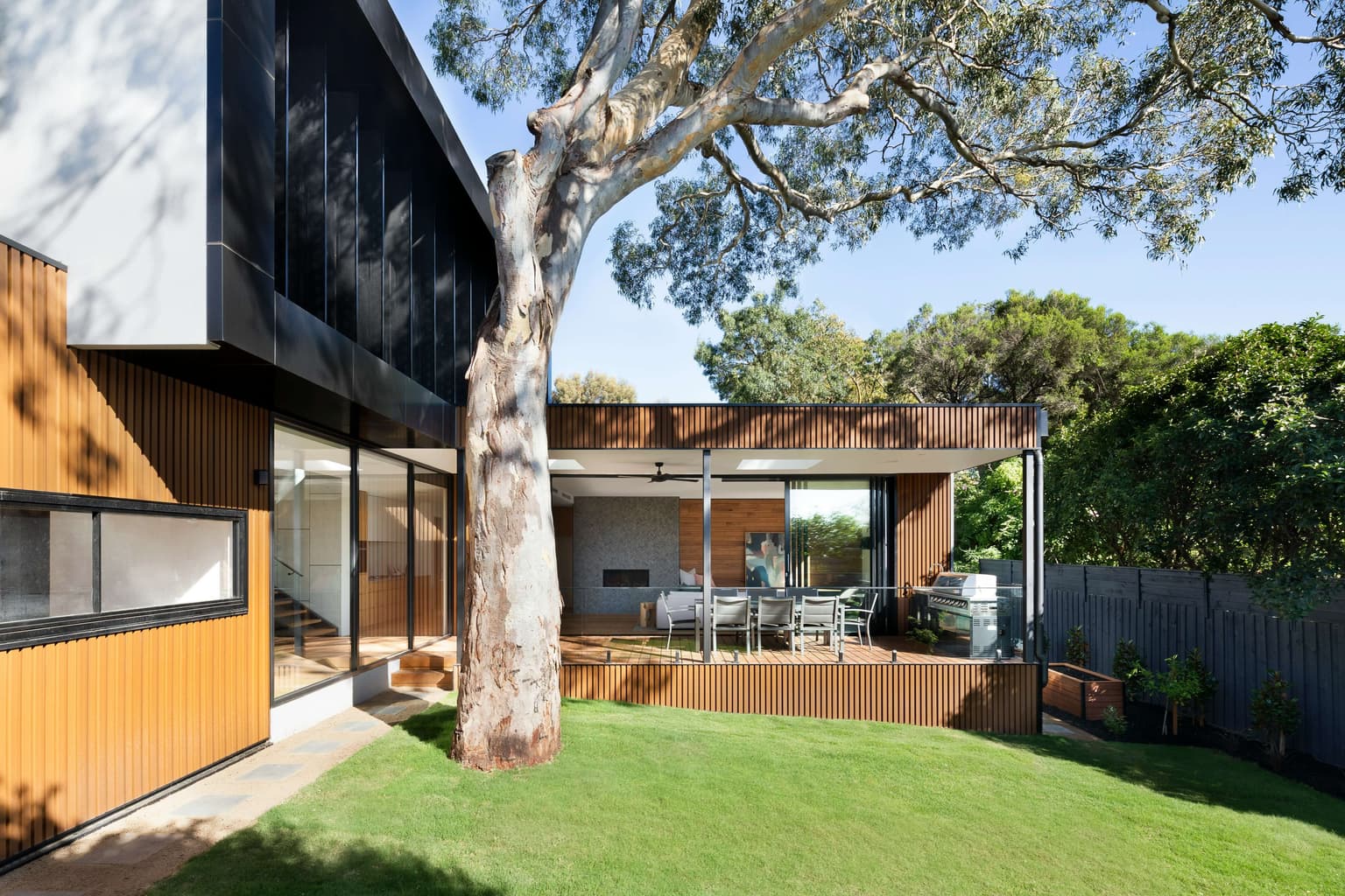 A modern glass house with a rooftop pool and a palm tree at dusk