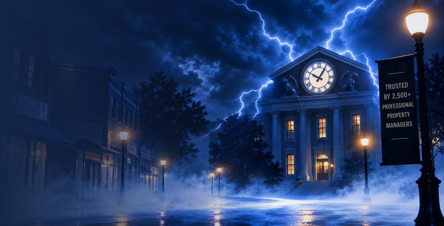 A clock-tower town square lit by lightning at night